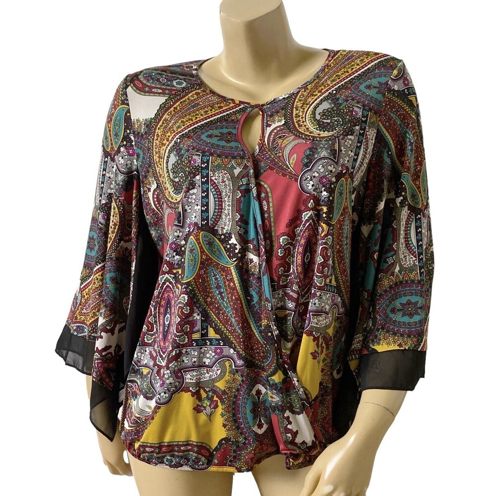 JENNIE & MARLIS Womens Size Large Bell Sleeve Keyhole Neck Faux Wrap Boho Shirt